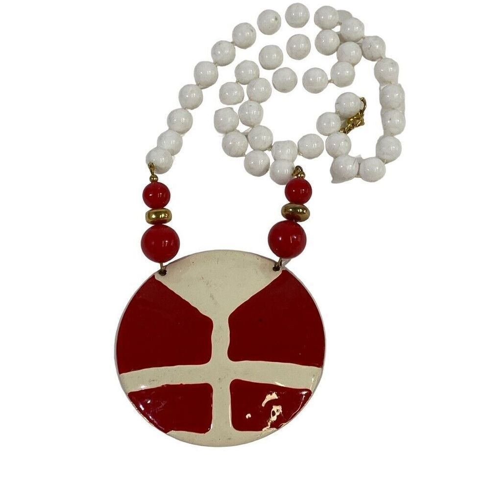 Vintage Midcentury Modern Large Enamel Pendant Plastic Beaded Necklace Red White